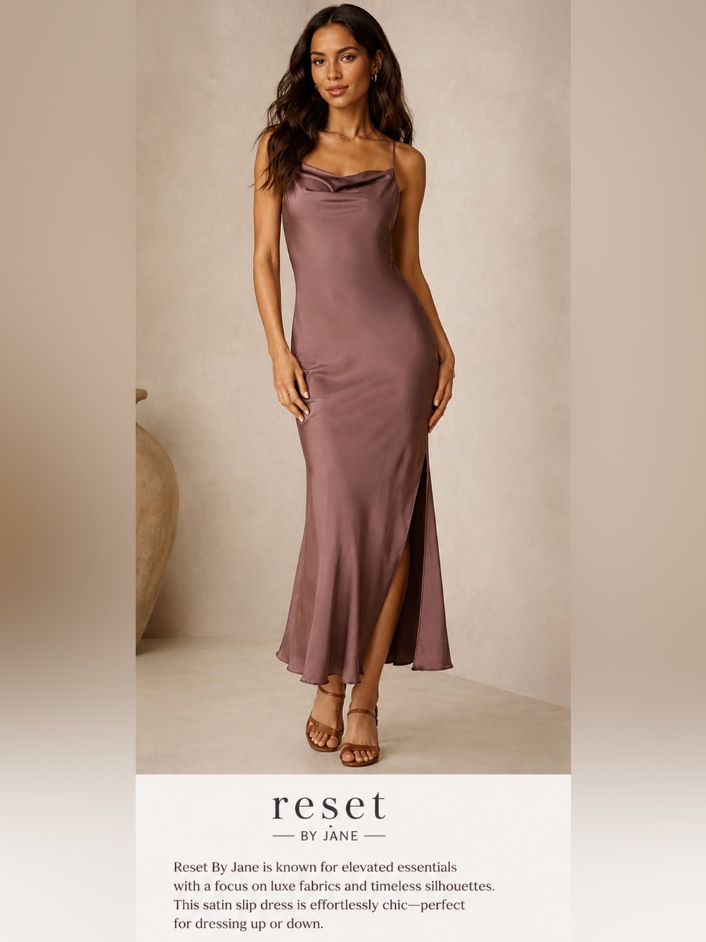 Reset By Jane Mauve Satin Cowl Neck Maxi Slip Skirt with Side Slit